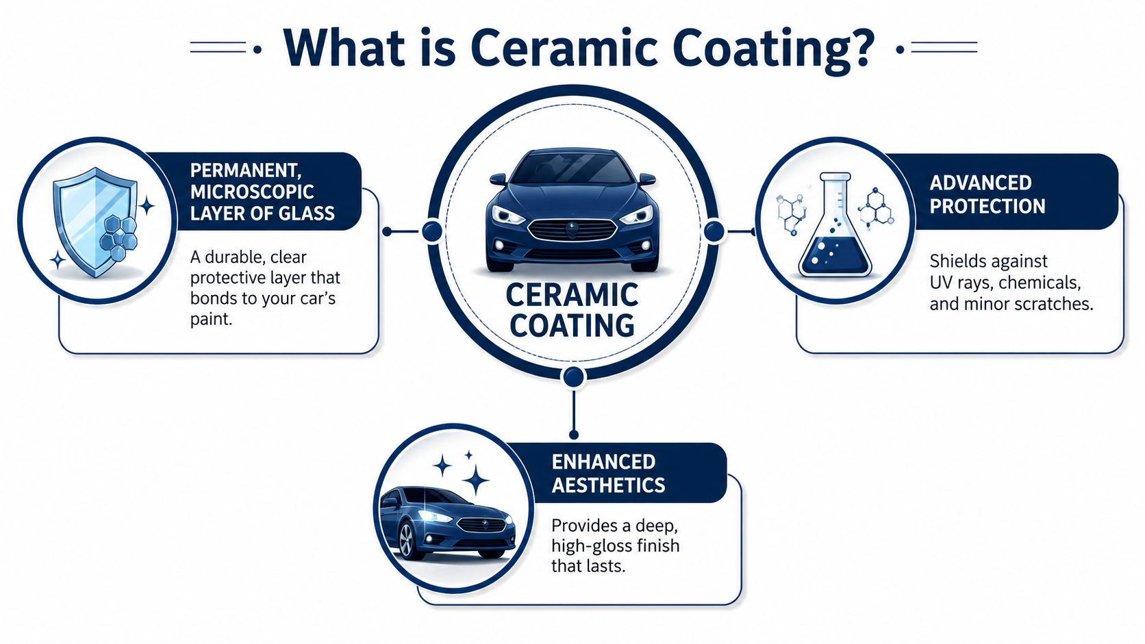An infographic explaining the benefits of car ceramic coating including paint protection and enhanced gloss.