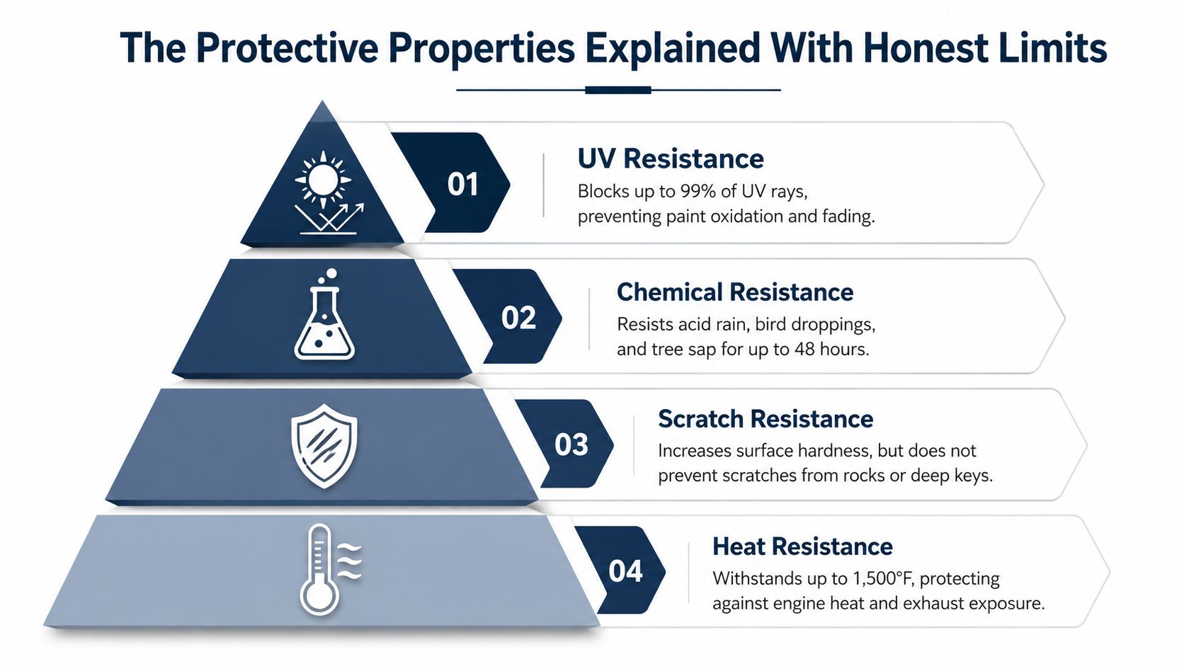 An informative pyramid graphic explaining the four protective properties and limits of ceramic coating for vehicles.