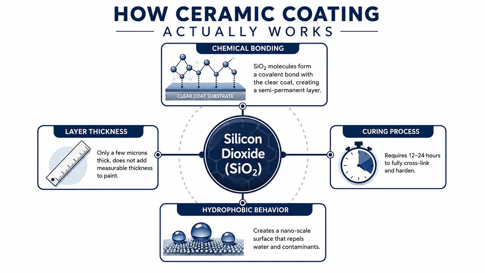 An infographic explaining the mechanics of automotive ceramic coating, including chemical bonding, thickness, curing, and hydrophobic properties.