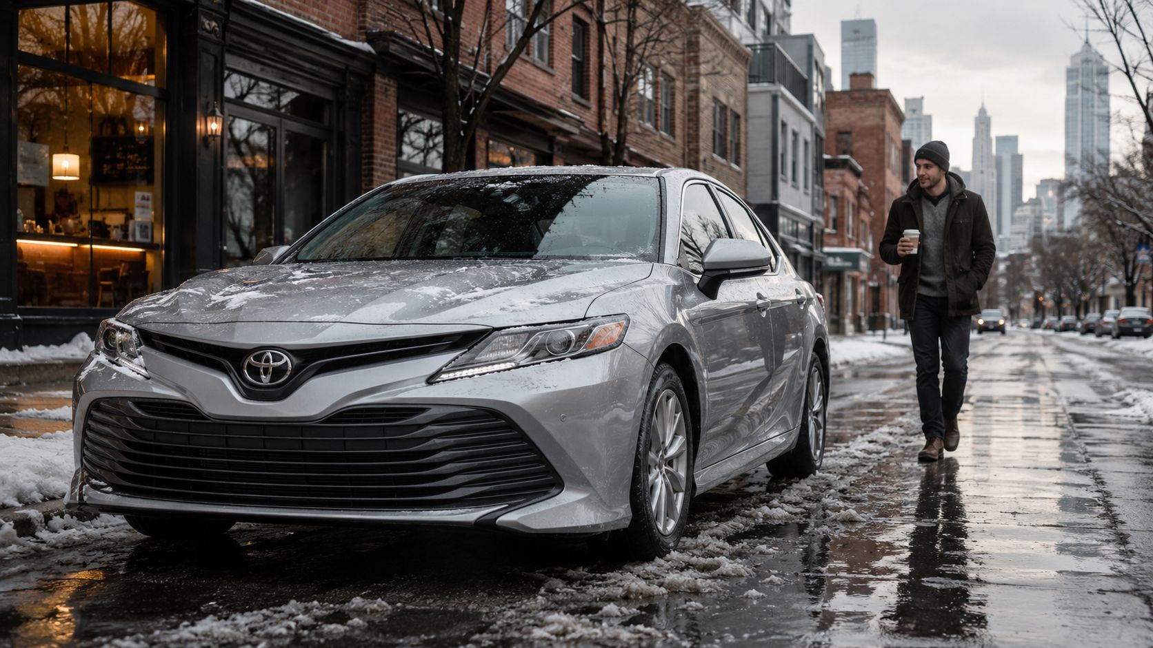 A silver Toyota Camry parked on a snowy city street while a man walks by holding coffee.