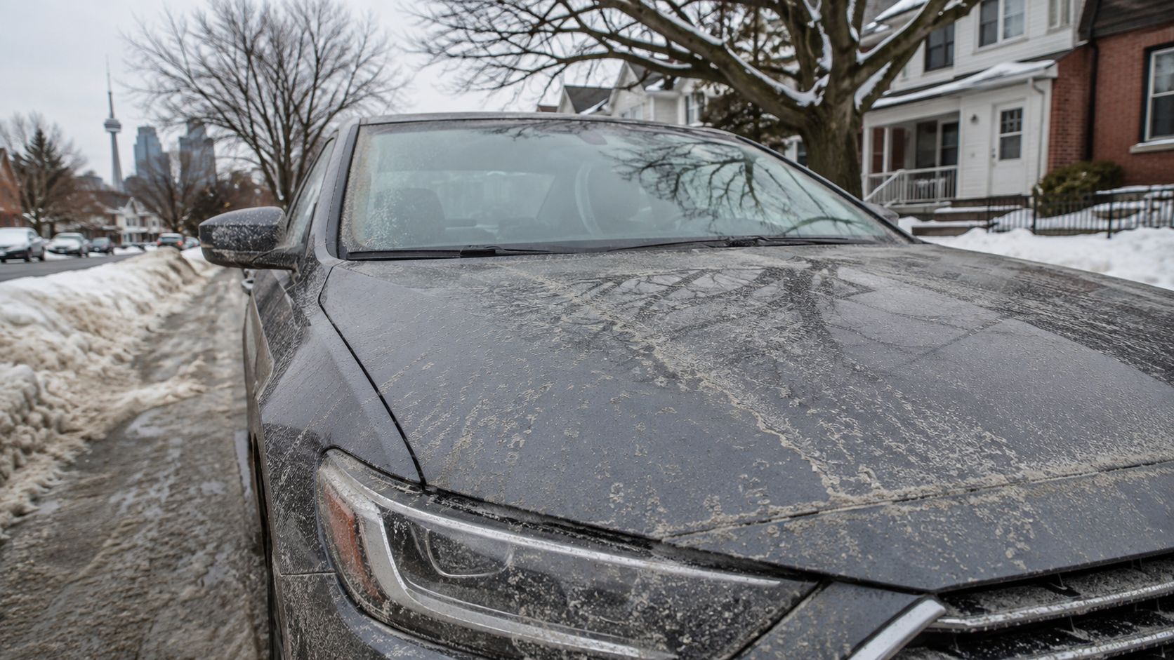A dirty, salt-covered dark sedan parked on a snowy street in winter, highlighting the need for car protection.