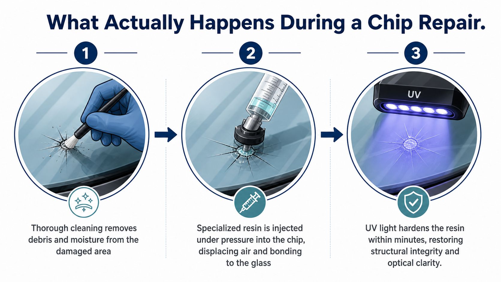 An infographic showing the three-step process of windshield chip repair, including cleaning, resin injection, and UV curing.
