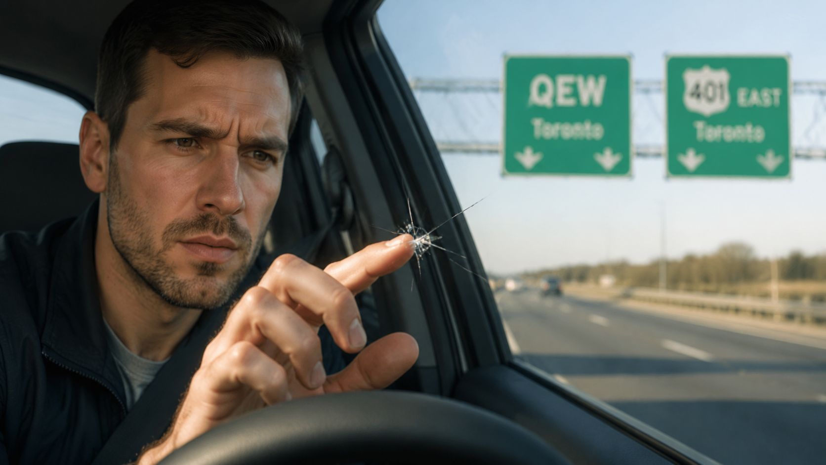 A concerned driver inspecting a small stone chip damage on his car windshield while on the highway.