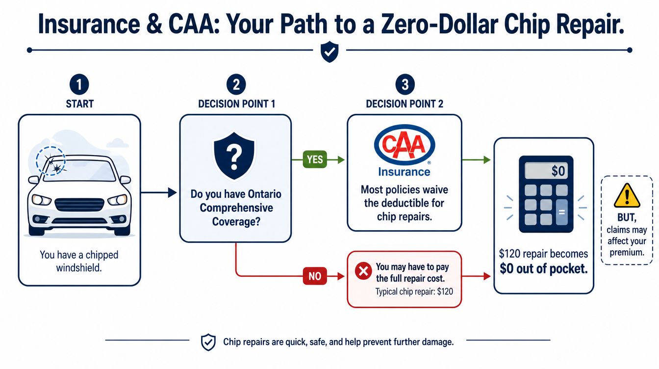 A flowchart showing how Ontario Comprehensive Coverage for a chipped windshield can lead to zero-dollar repair costs.