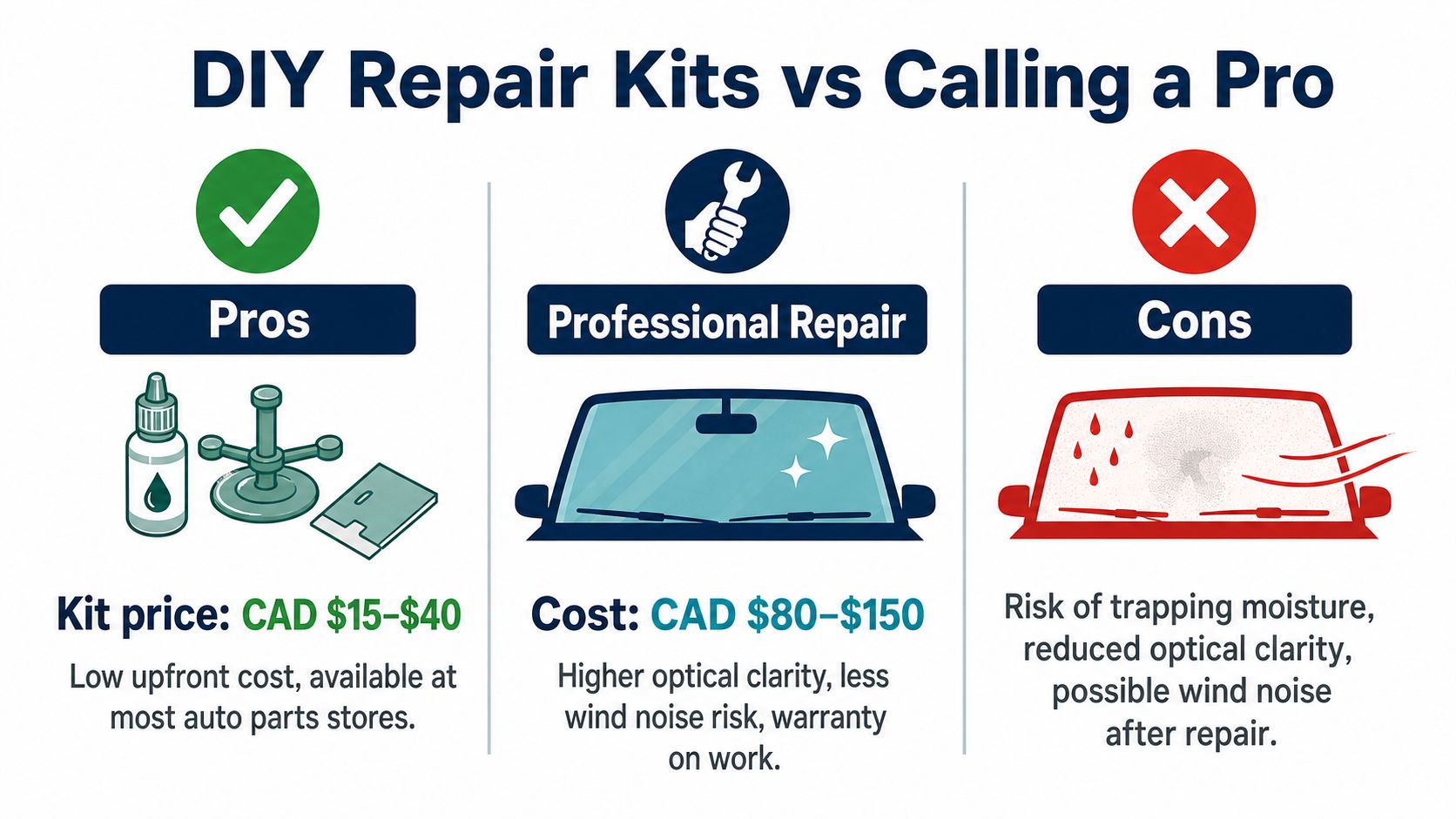 A comparison infographic showing the cost and pros or cons of DIY chipped windshield repair versus professional repair.