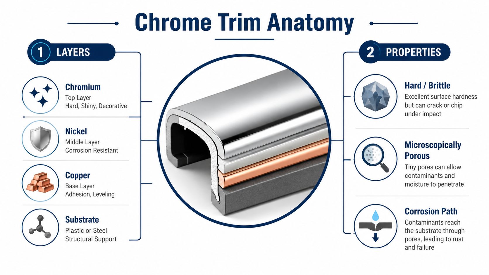 A diagram illustrating the anatomy of chrome trim, showing its multi-layered structure and potential material properties.