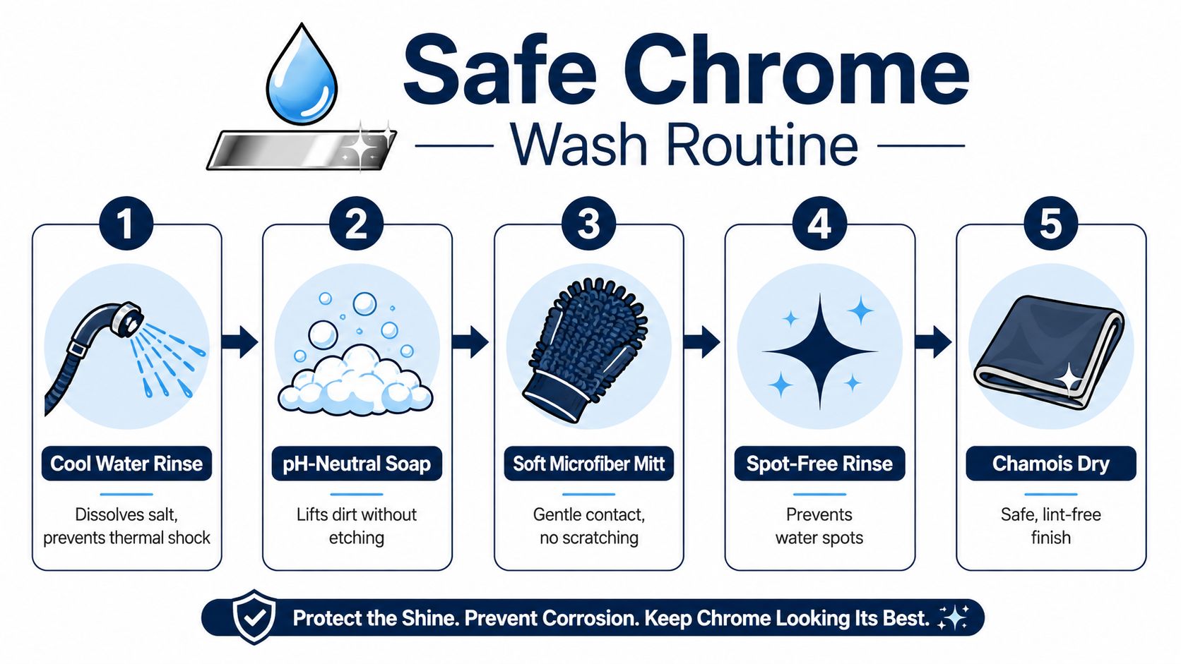 An infographic showing a five-step safe chrome wash routine for cleaning chrome surfaces without causing damage.