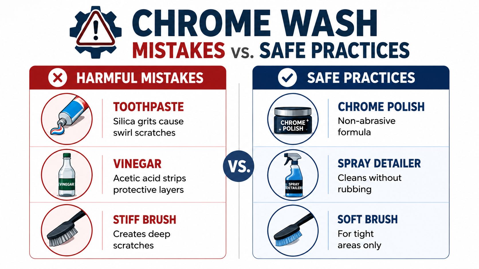An infographic comparing harmful chrome cleaning mistakes with safe practices, highlighting products and tools to use or avoid.