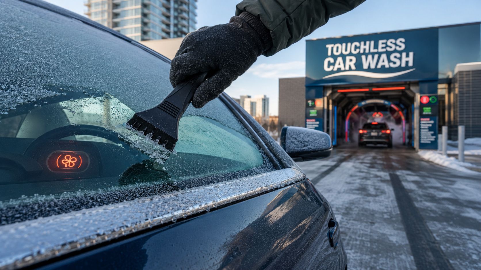 A person using an ice scraper to remove frost from a car windshield at a touchless car wash.