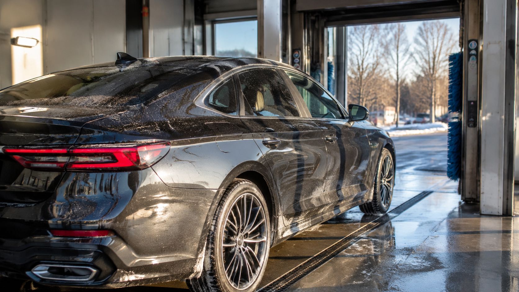 A black sedan parked inside an automated car wash bay with foam on the vehicle exterior