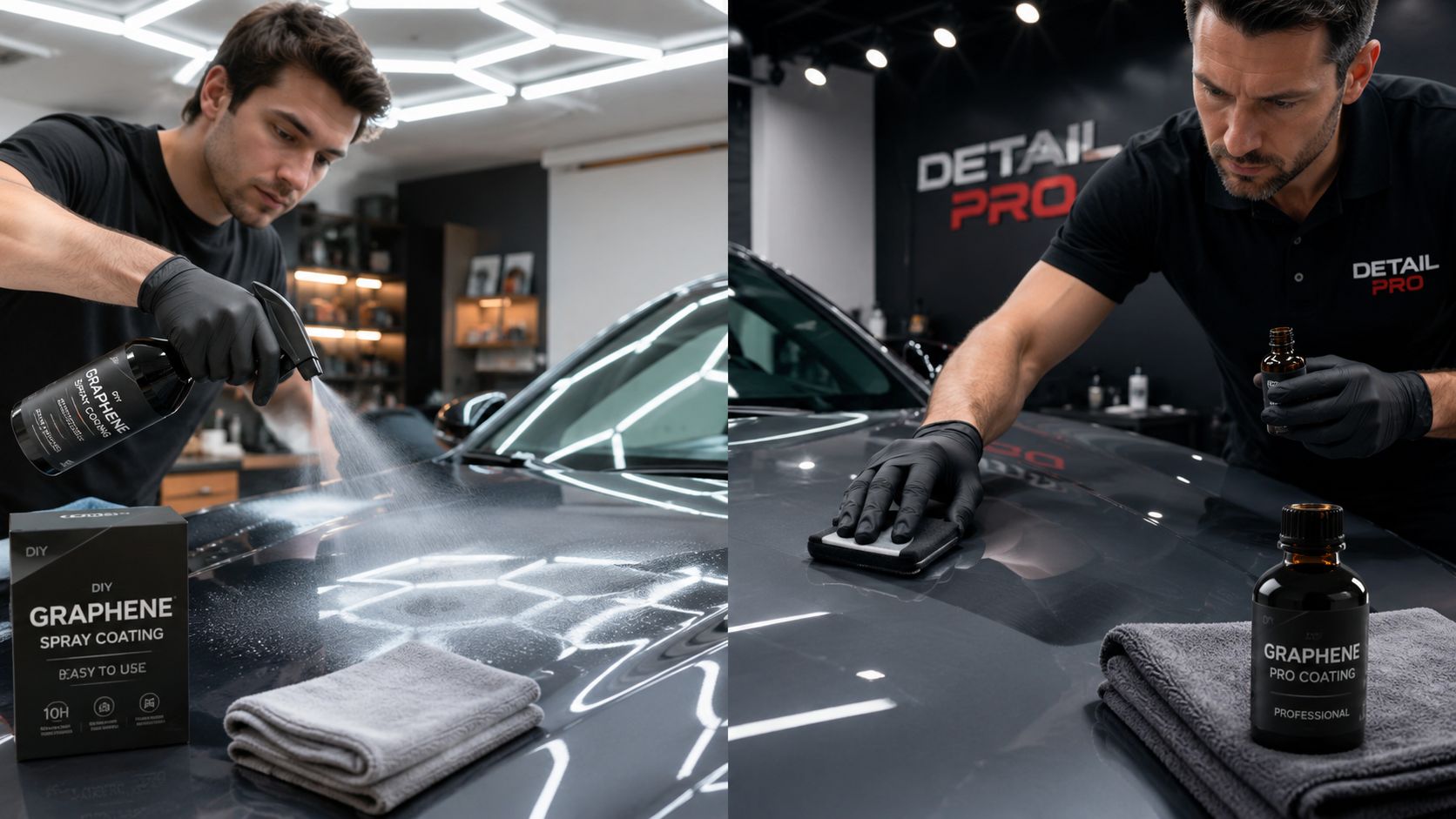 A professional car detailer applying graphene coating products to the hood of a luxury grey vehicle.