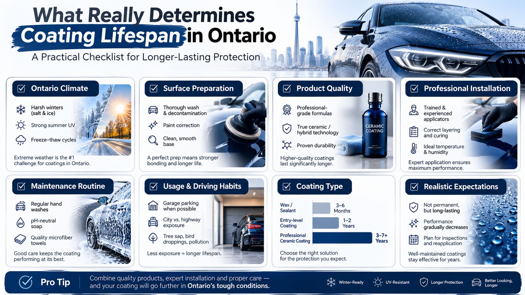 An infographic titled What Really Determines Coating Lifespan in Ontario, listing factors for car paint protection.
