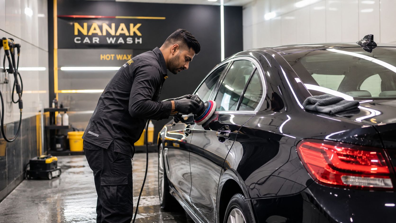 A professional car washer in a uniform polishing a black sedan inside a clean garage facility.