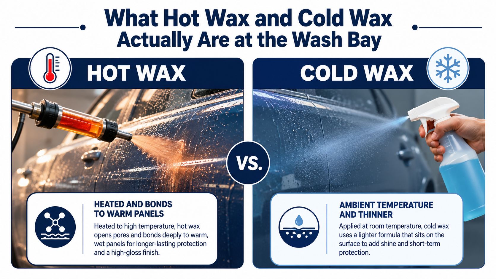 An infographic comparing the application and benefits of hot wax versus cold wax for vehicle maintenance.