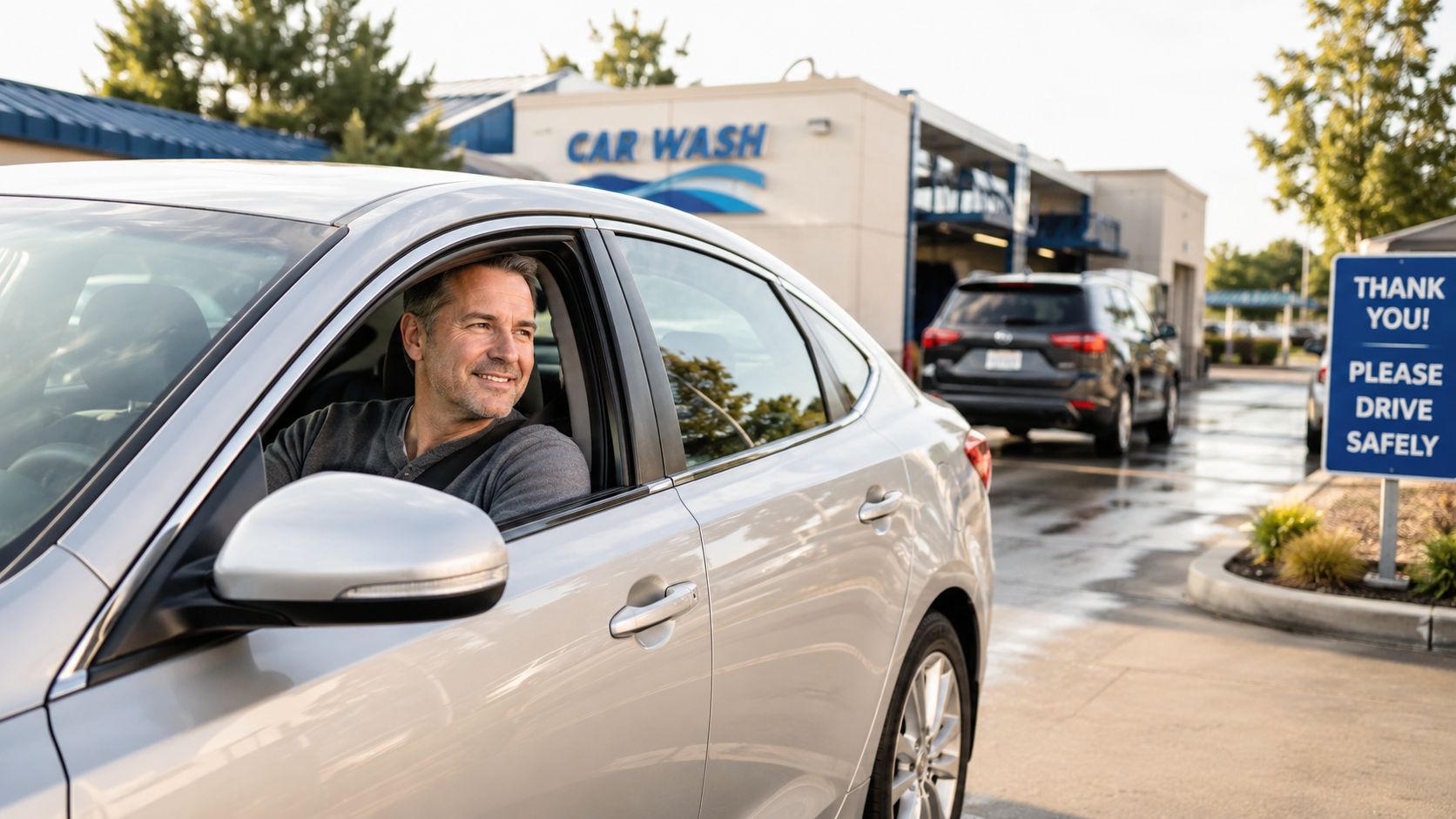 A smiling man sitting in the driver seat of a silver car at a car wash facility.