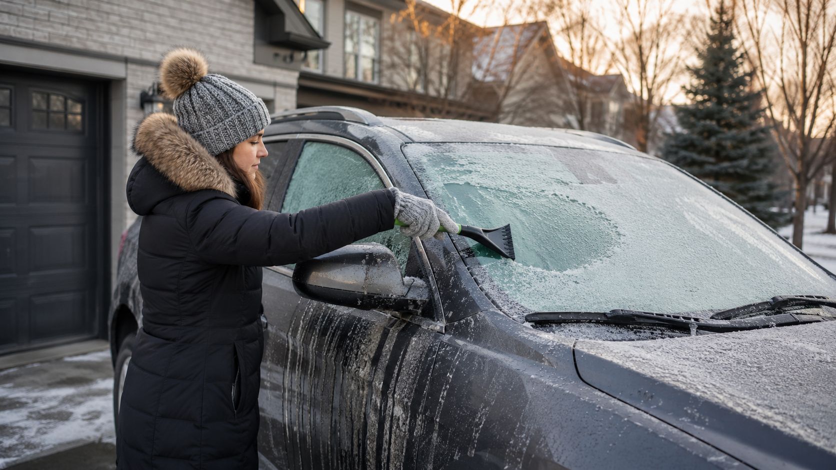 A woman wearing a winter jacket and hat scraping ice off her frozen car windshield in winter.
