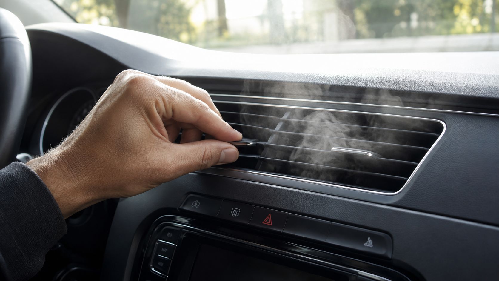 A close-up shot of a person adjusting the vents of a car dashboard with smoke blowing out.