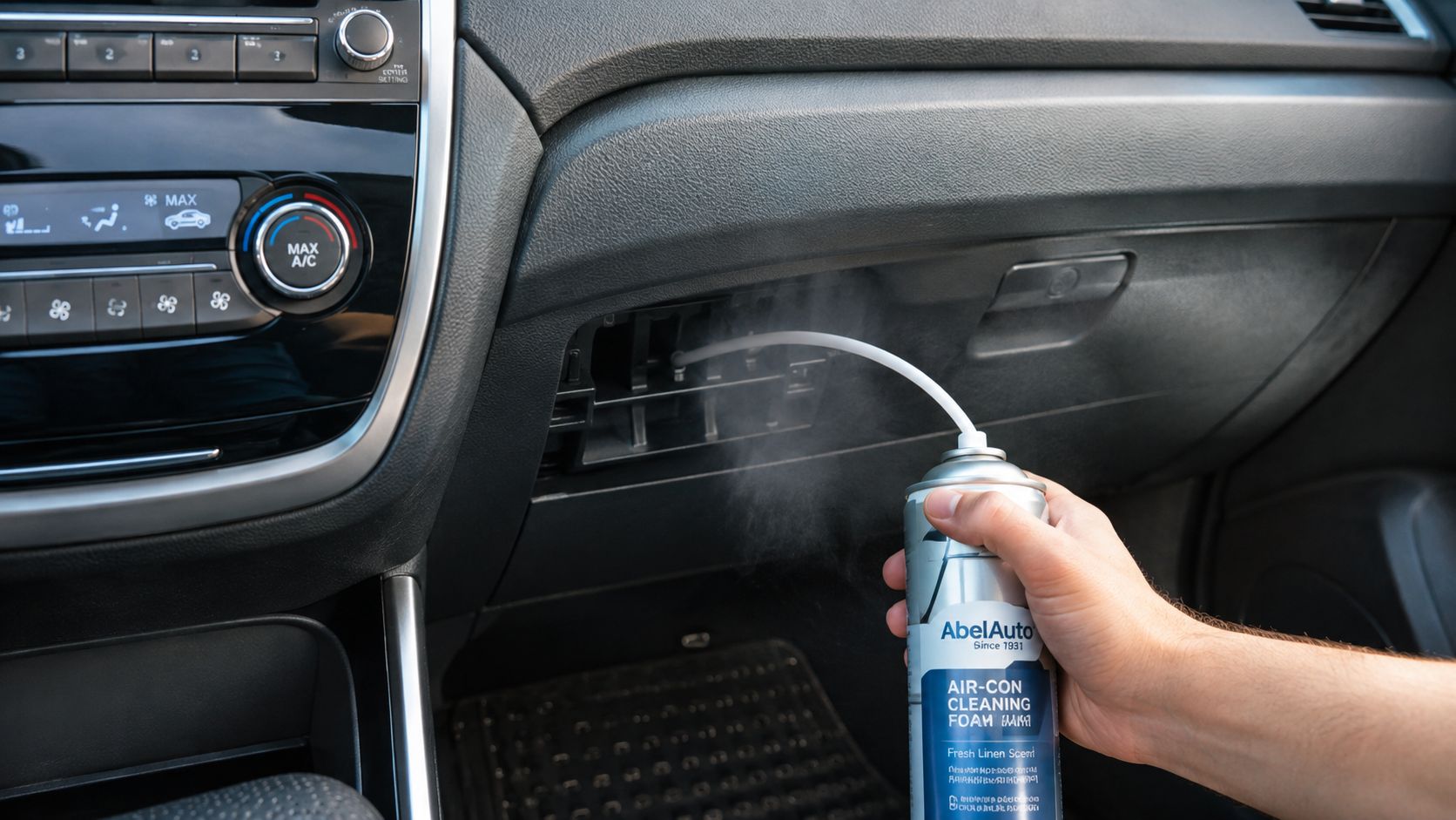 A person uses a can of AbelAuto air conditioning cleaning foam to spray into car interior vents.