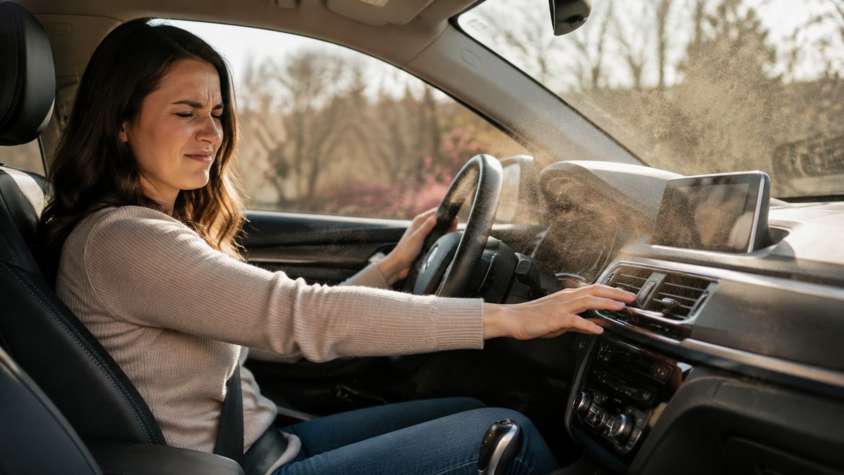 A woman driving a car looking distressed as dust blows out of the air conditioning vent.