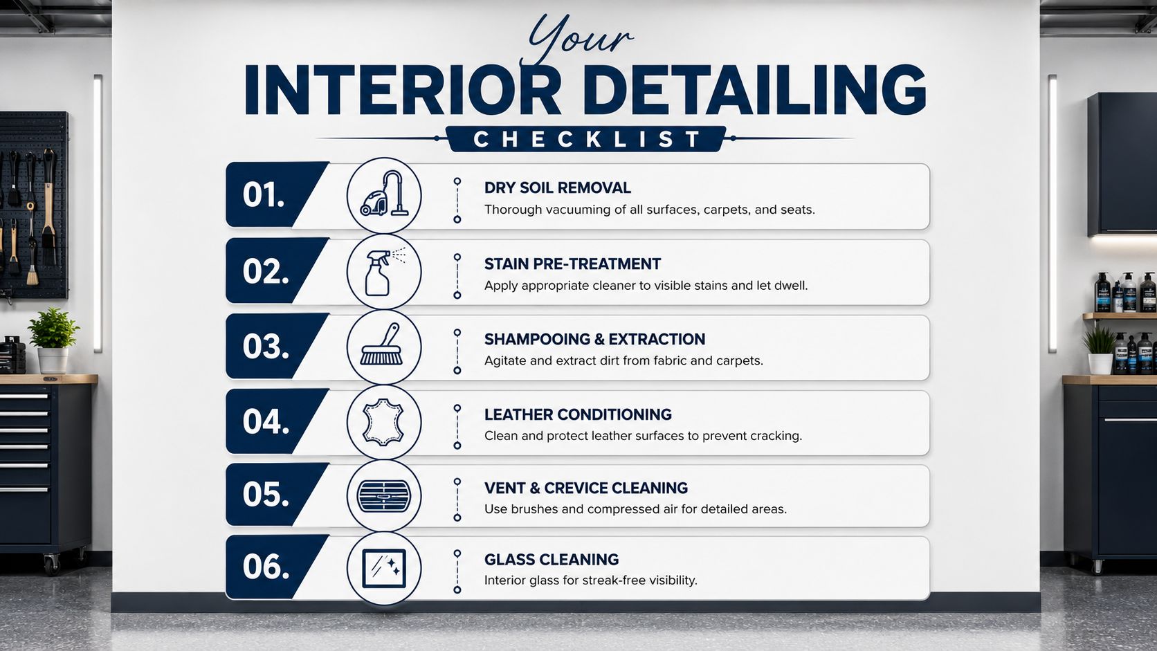A professional interior detailing checklist infographic featuring six steps for cleaning and maintaining a vehicle's interior surfaces.