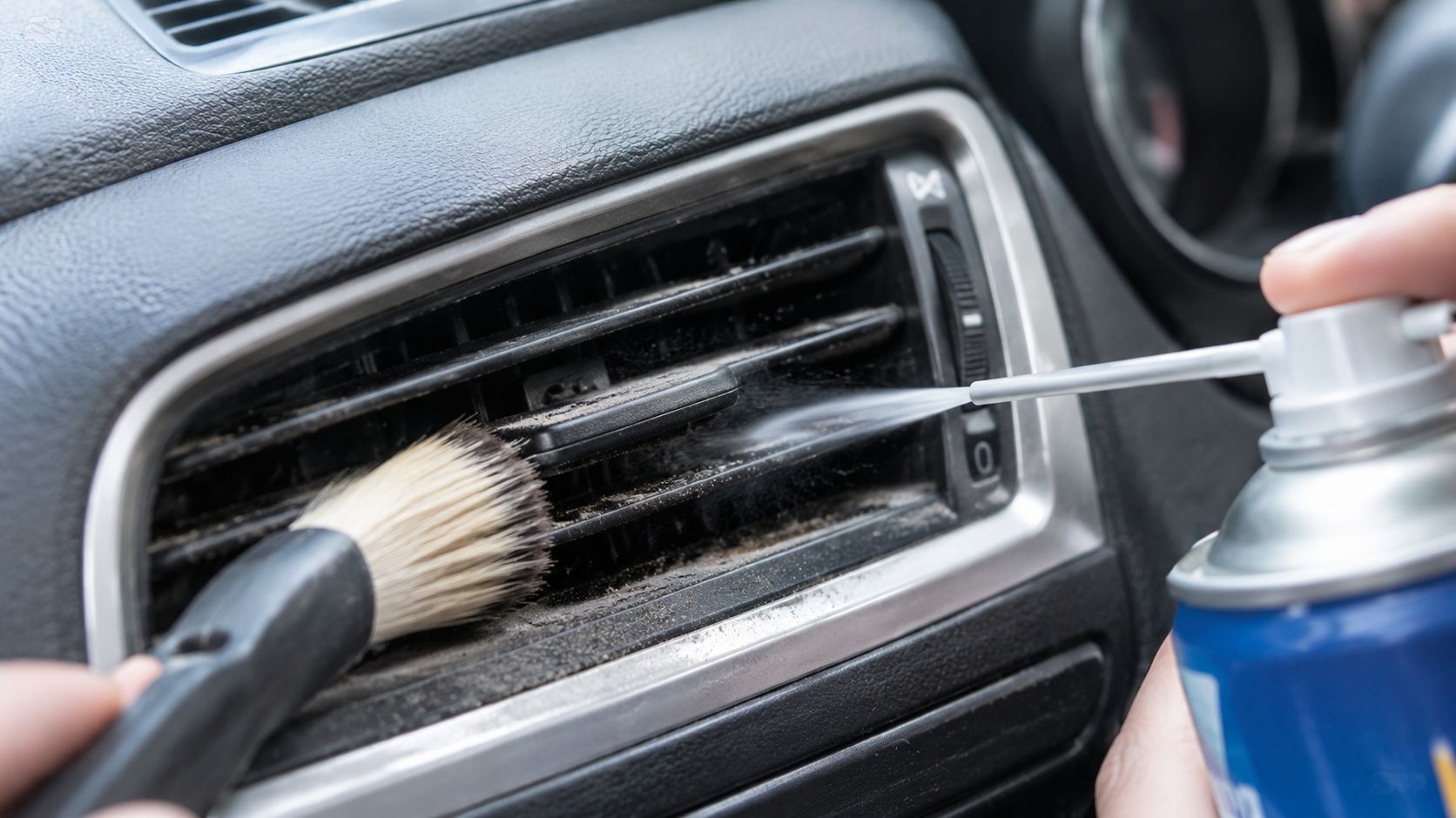 A person using a detailing brush and compressed air to clean a dusty car air vent.