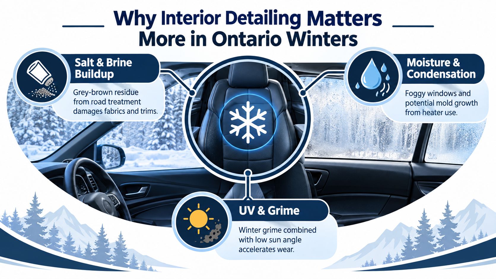 An infographic titled Why Interior Detailing Matters More in Ontario Winters highlighting salt, moisture, and UV damage.