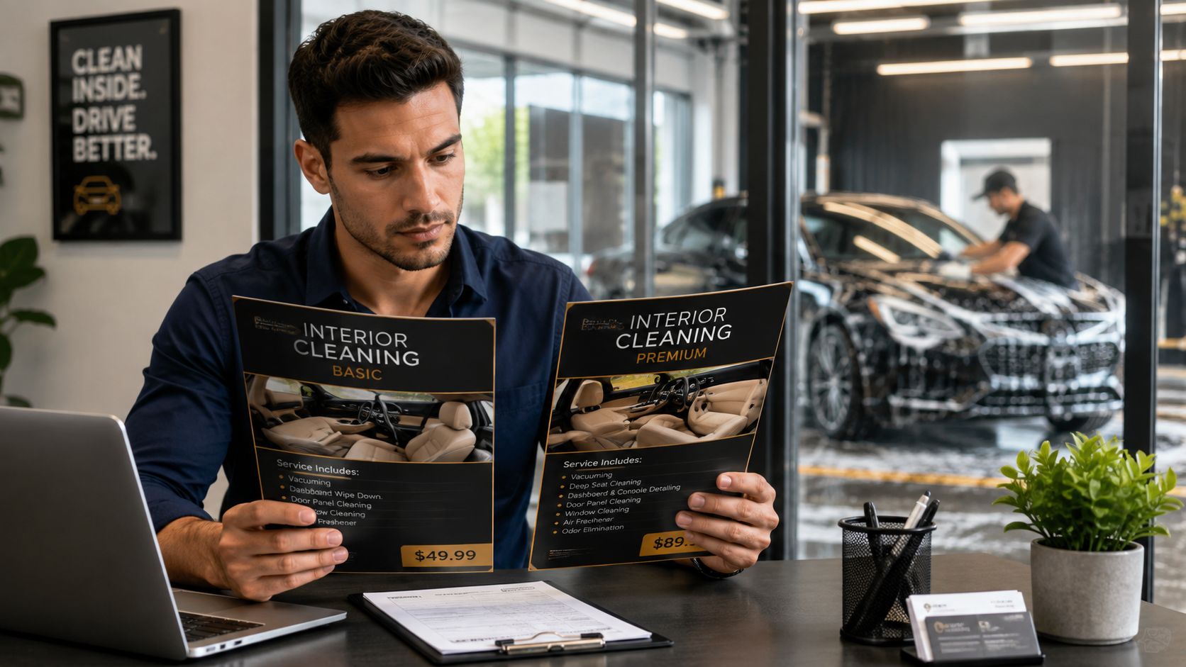 A professional man reviews interior car cleaning service brochures at a desk inside a car detailing shop.