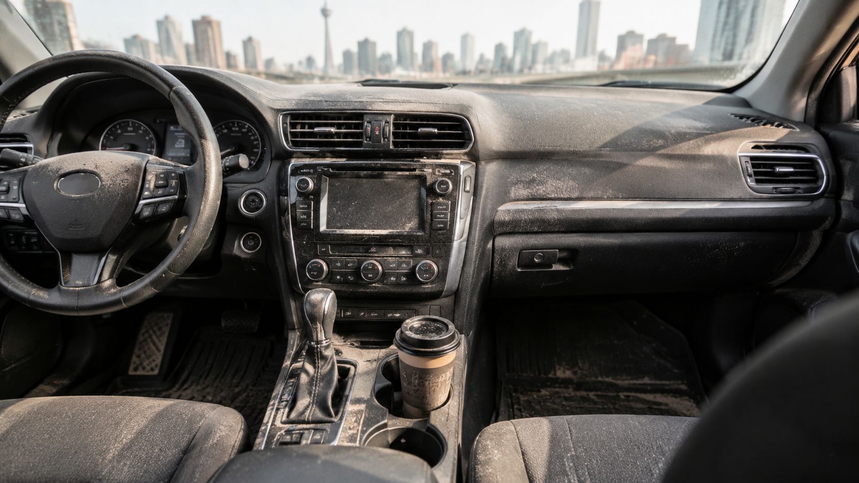 A very dirty and dusty car interior with a coffee cup in the center console cup holder.