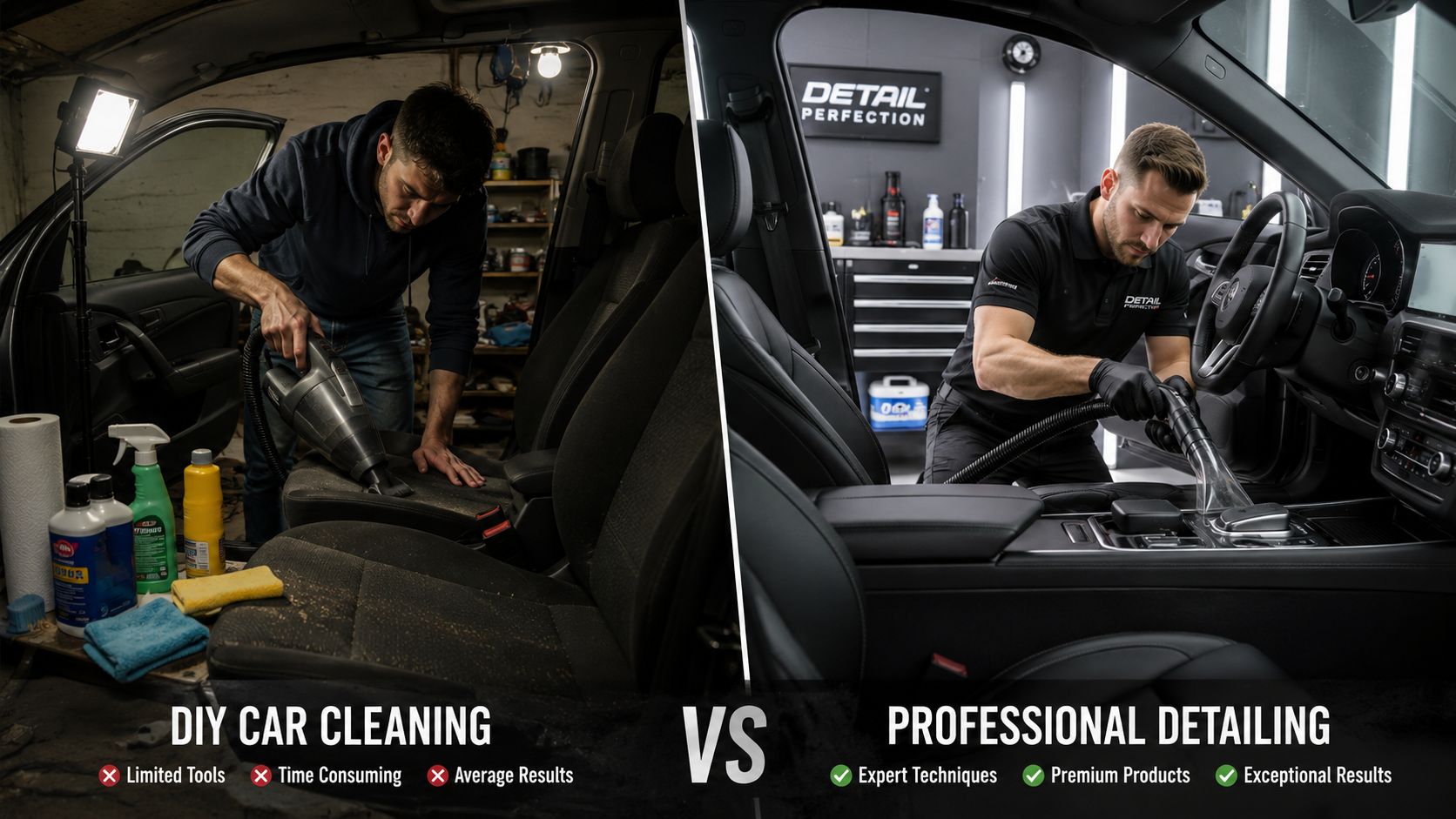 A split screen comparison showing a man DIY car cleaning versus a professional interior car detailing expert.