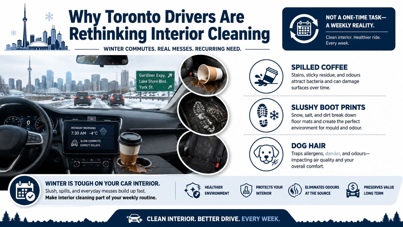 A visual guide illustrating why Toronto drivers should prioritize weekly interior car cleaning during winter months.