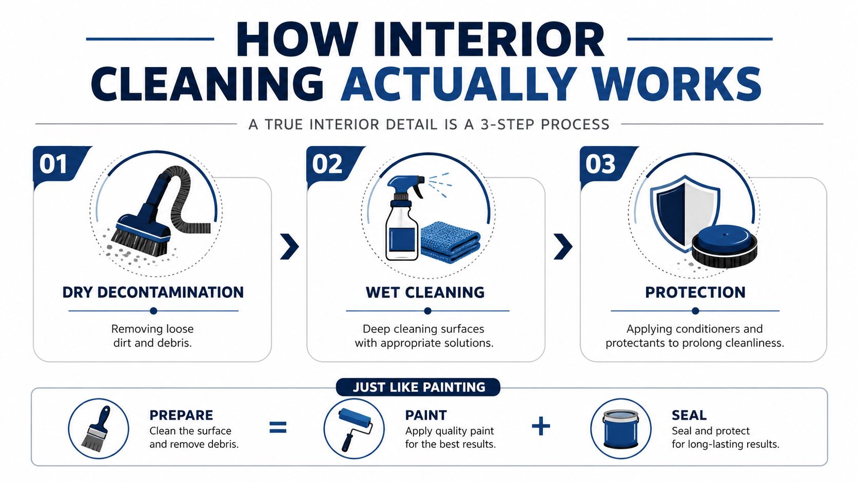 A 3-step infographic explaining the interior car cleaning process including dry decontamination, wet cleaning, and surface protection.