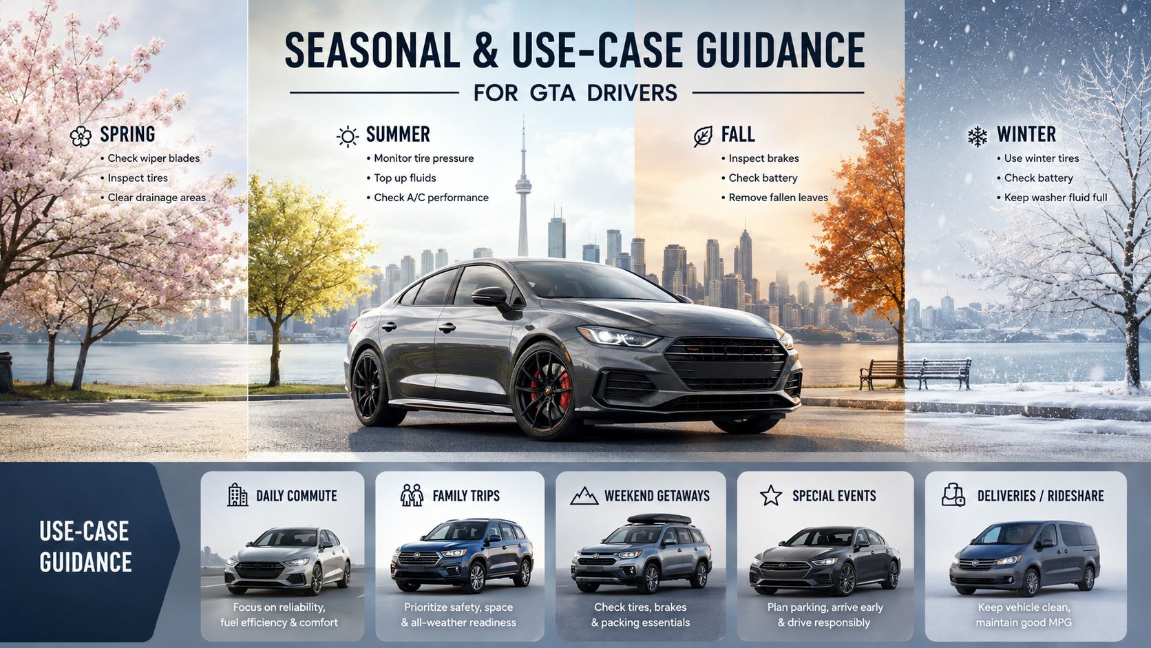 An infographic detailing seasonal car maintenance and use-case tips for drivers in the Greater Toronto Area.