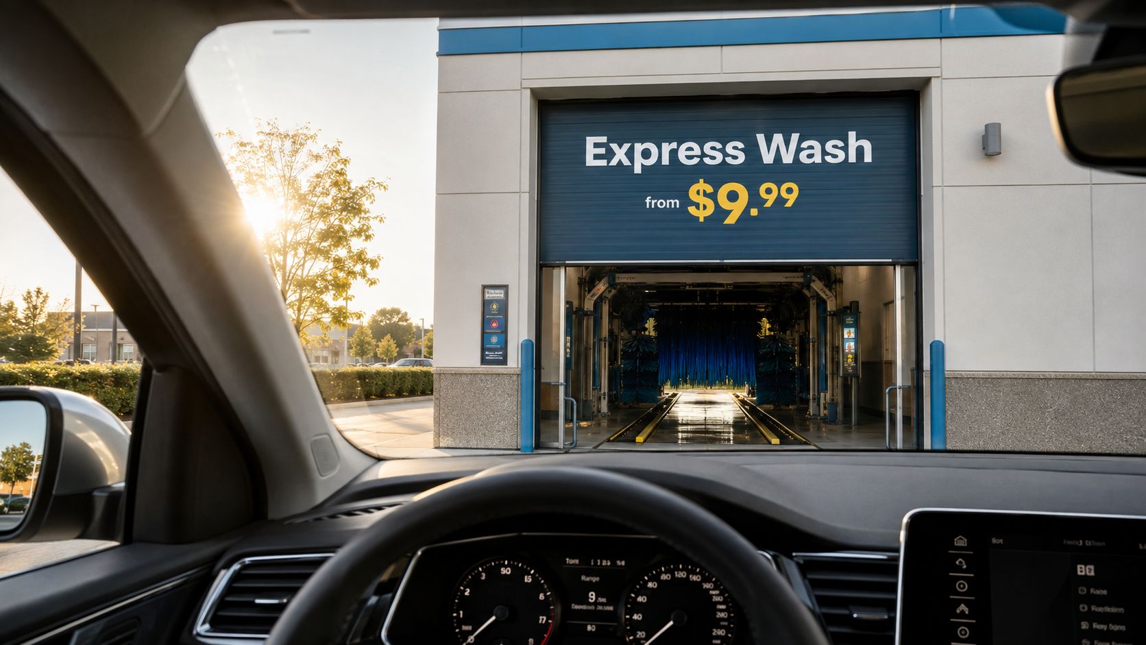 A view from inside a car driving towards the entrance of an express car wash facility.