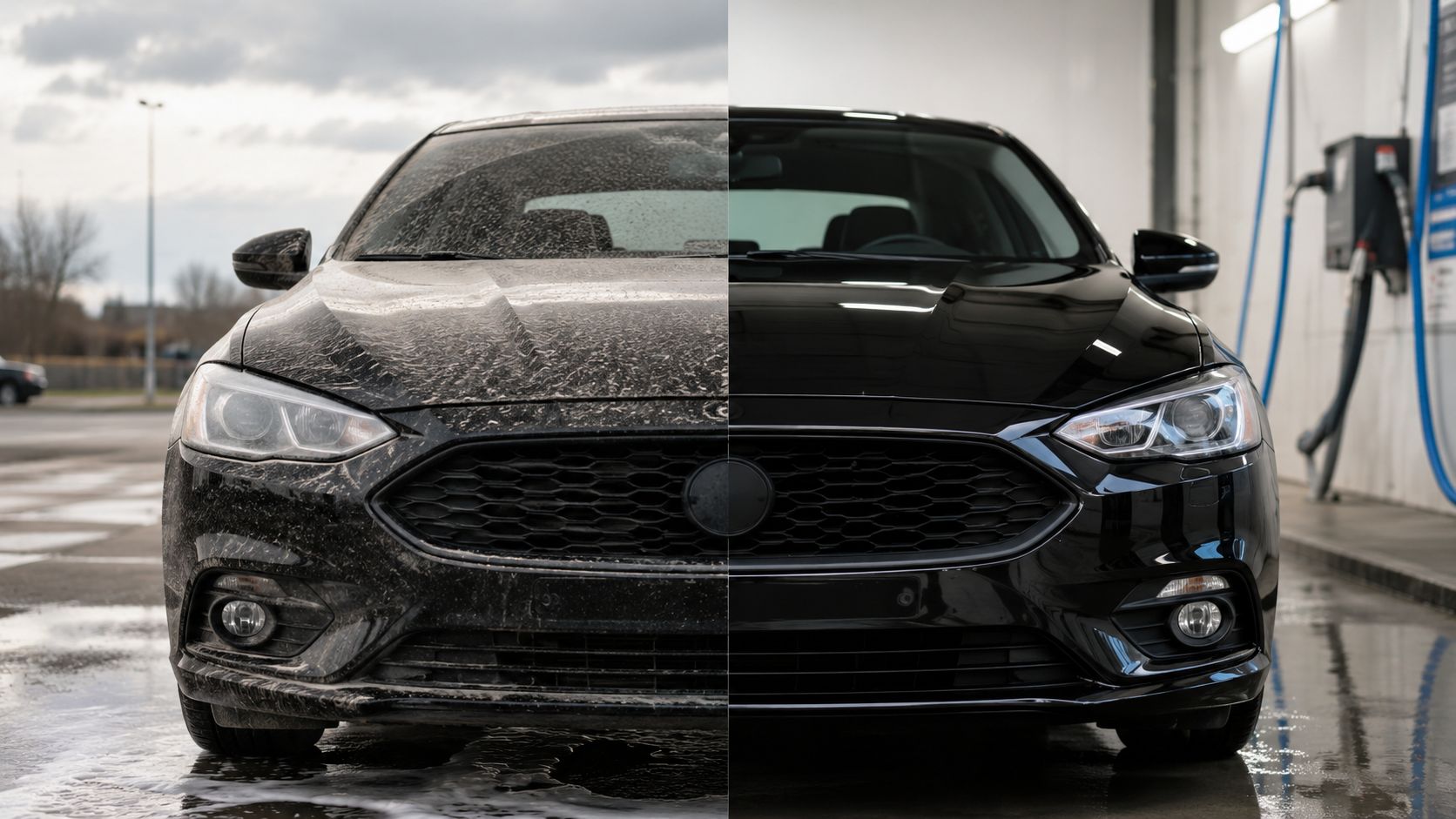 A split screen comparison showing the front of a black car before and after a car wash.