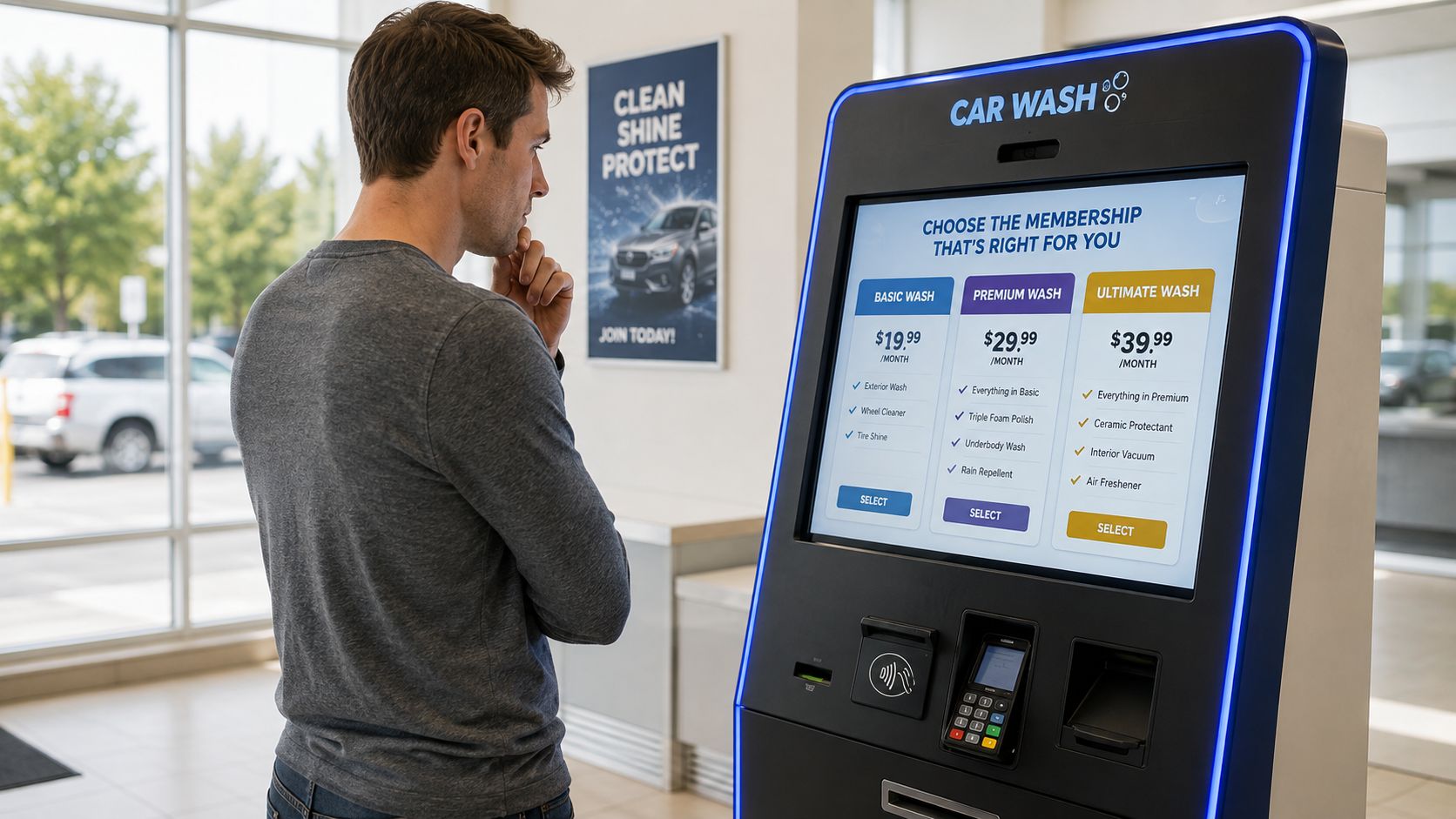 A man thoughtfully looking at a touchscreen menu to choose a monthly car wash membership plan.