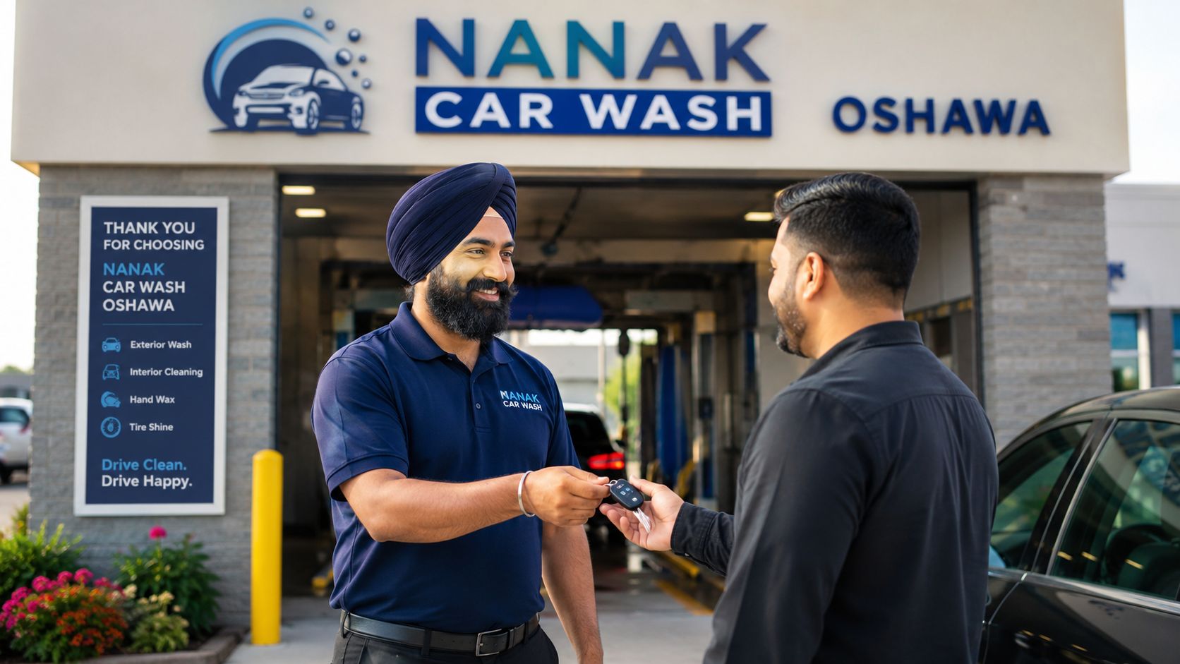 A professional car wash attendant in a uniform handing car keys to a customer in Oshawa.