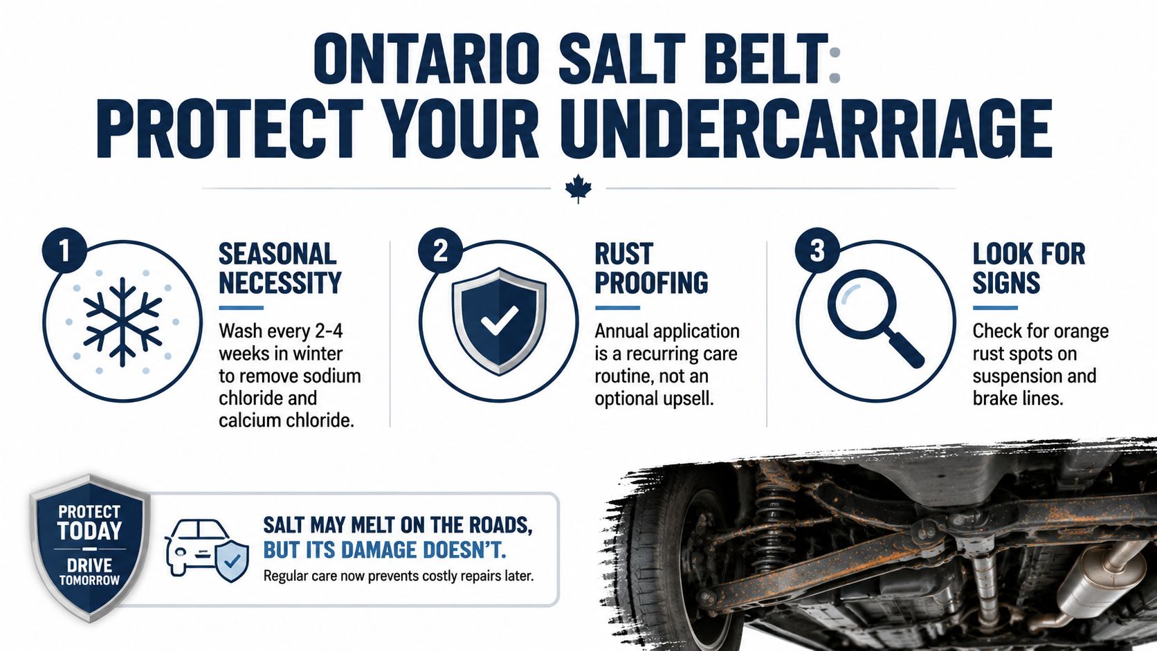 An infographic titled Ontario Salt Belt: Protect Your Undercarriage, outlining three steps to prevent vehicle rust damage.