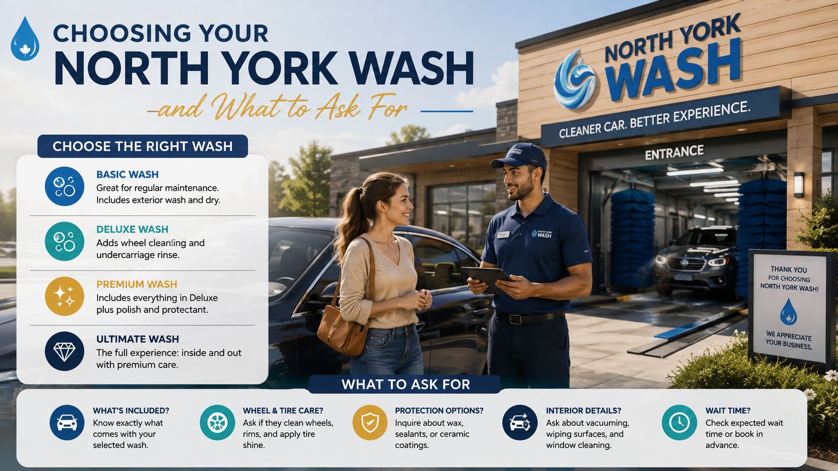 A customer choosing from four North York Wash service packages with a staff member at the entrance.