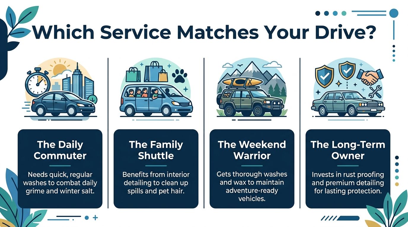 An infographic titled Which Service Matches Your Drive, categorizing car wash services for different vehicle owner types.