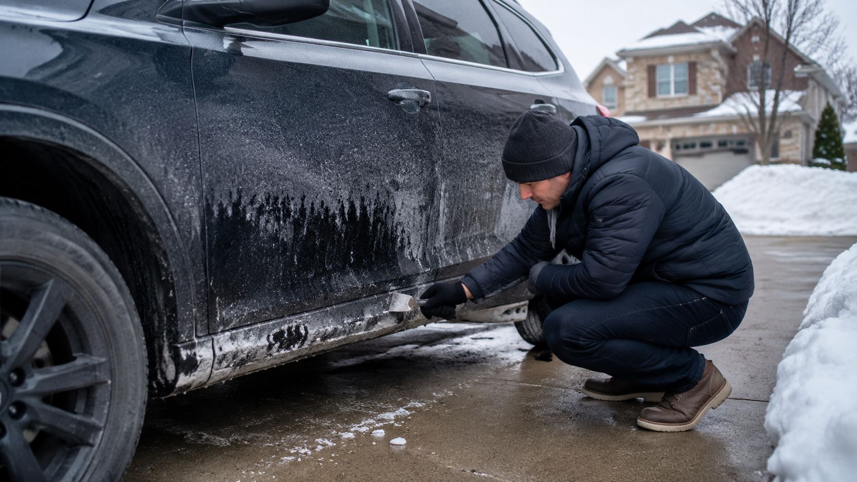 A man crouching beside a car, carefully scraping ice and debris from the side rocker panel.