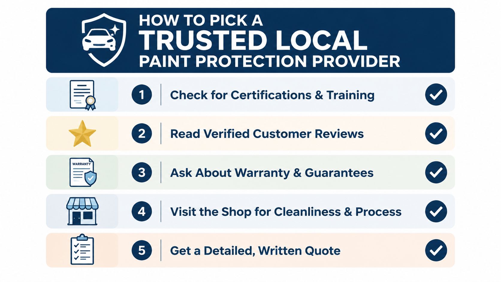 A helpful infographic showing five steps for selecting a trusted local automotive paint protection service provider.