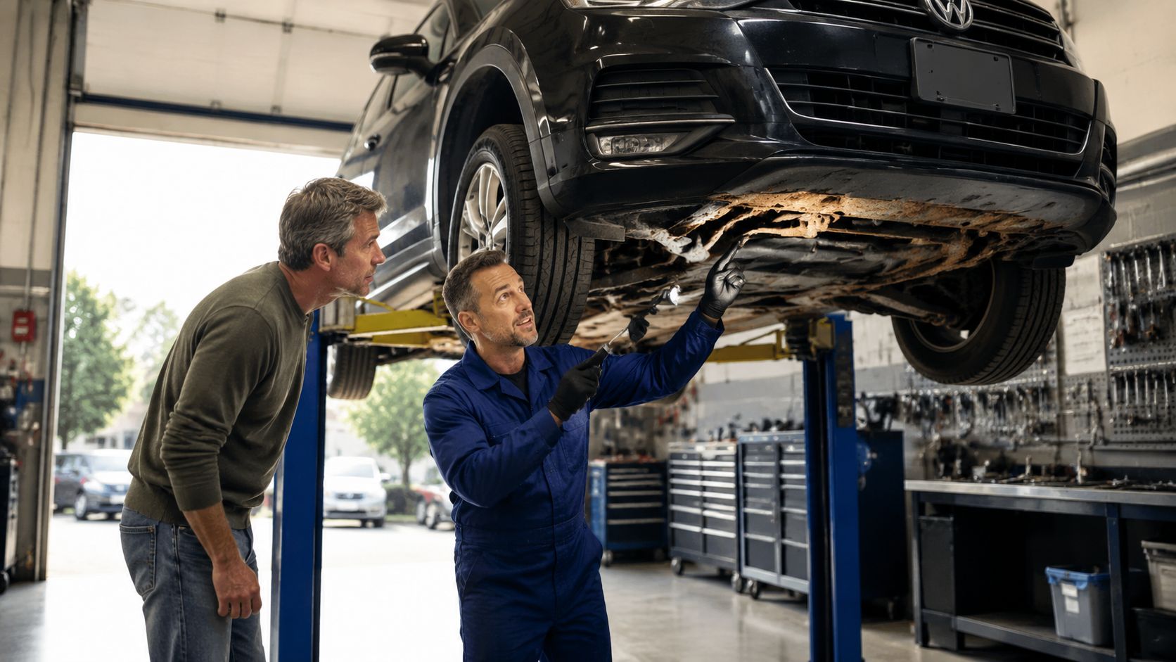 A professional mechanic explains vehicle frame rust issues to a customer under a lifted car in garage.