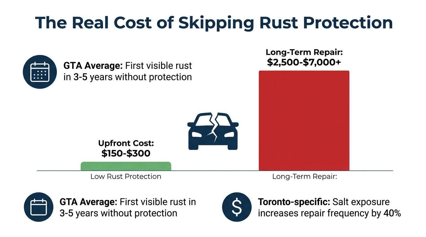 A comparison chart showing the $150-$300 upfront cost of rust protection versus $2,500-$7,000 in long-term repairs.
