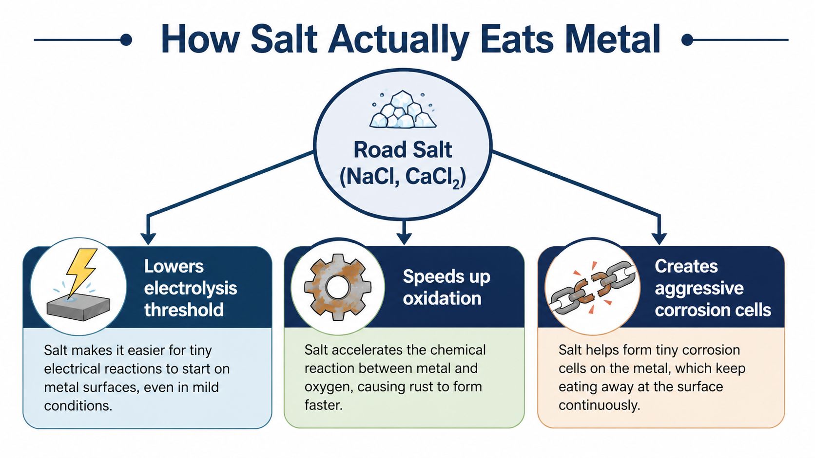 A diagram explaining how road salts like NaCl and CaCl2 cause metal to rust through three processes.