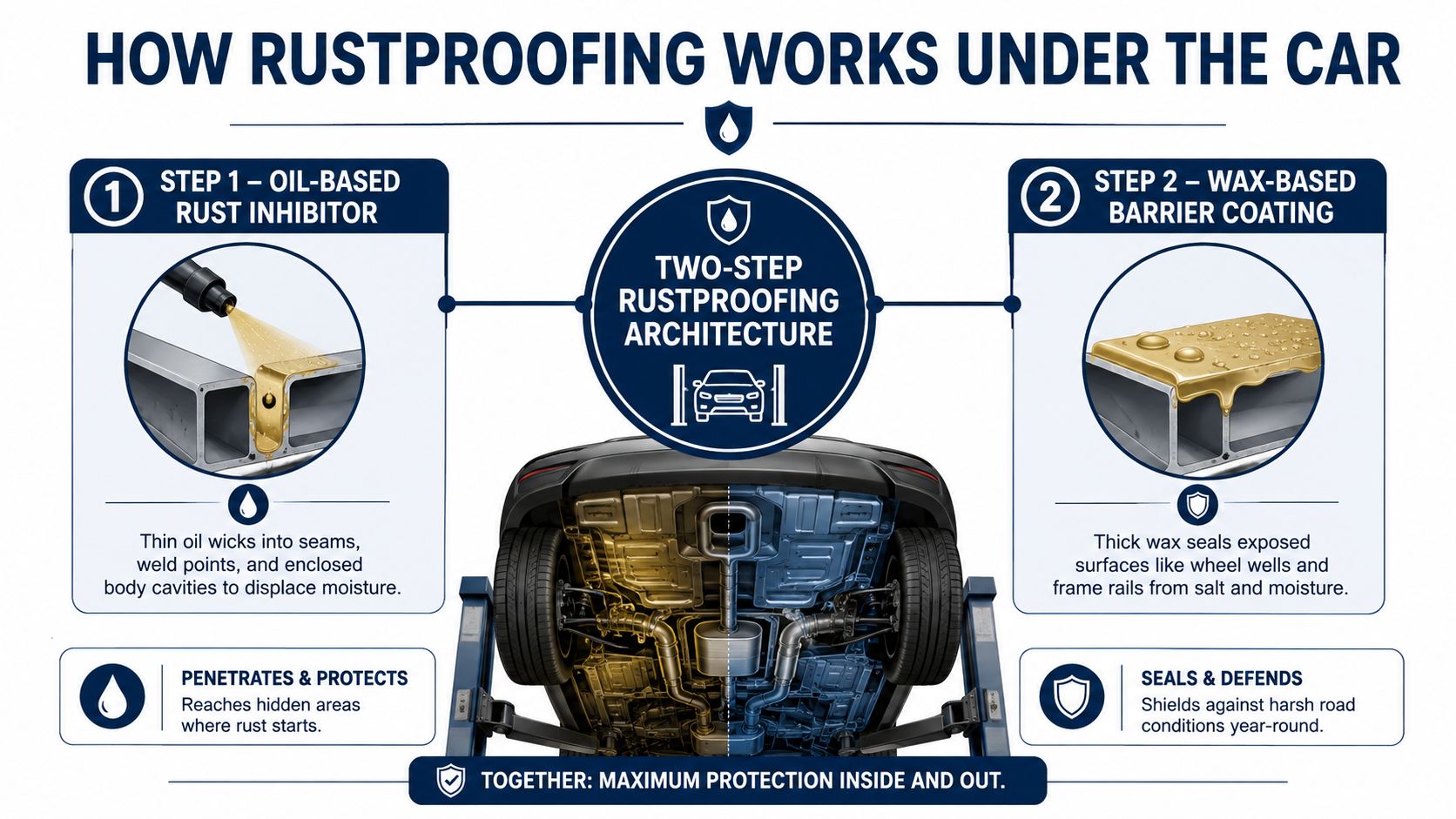 A diagram illustrating a two-step automotive rustproofing process using oil-based inhibitors and wax-based barrier coatings.