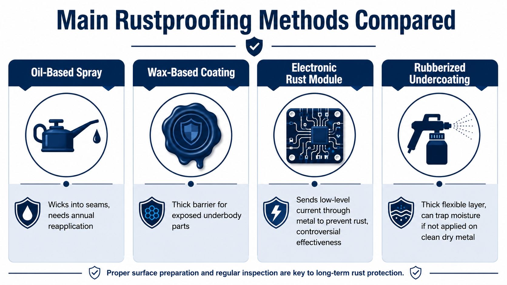 A comparison chart outlining four common car rustproofing methods including oil-based sprays, wax coatings, electronics, and undercoating.