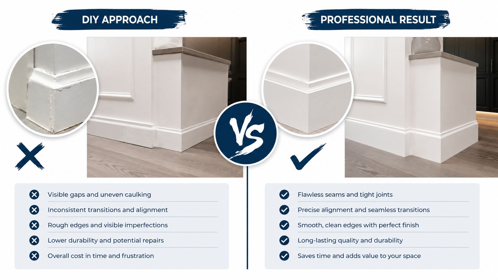 A comparison showing the difference between poor DIY molding installation and a high-quality professional finish.