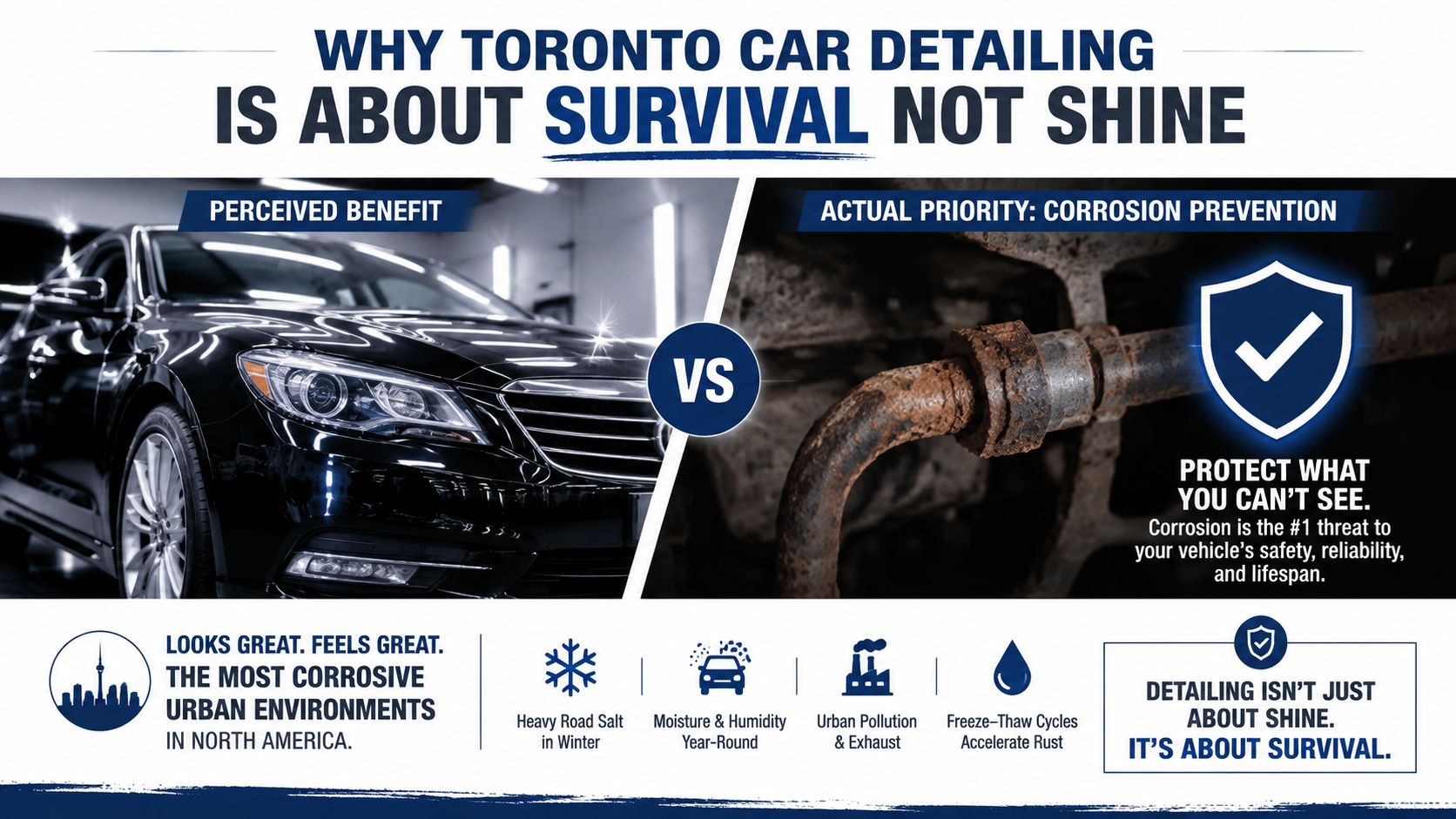 A comparison showing a shiny car versus a rusted car part to illustrate vehicle corrosion prevention.