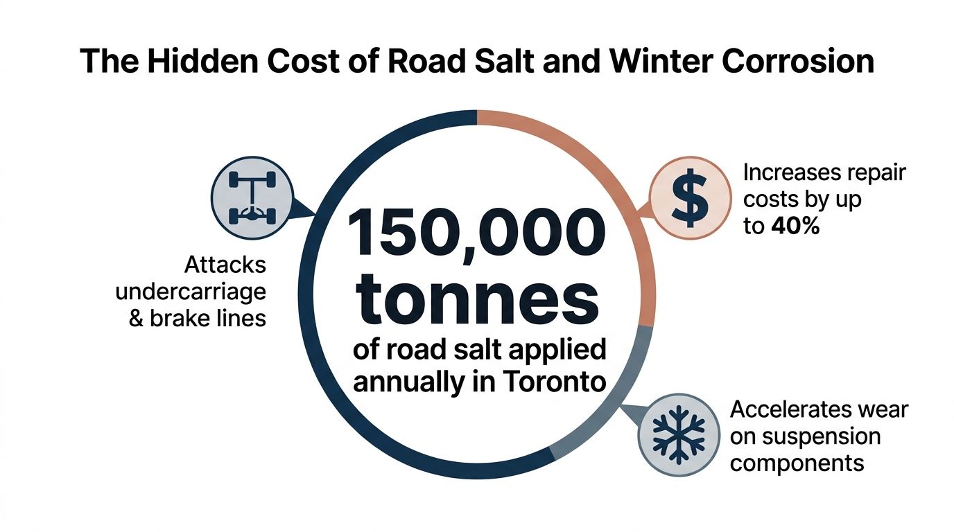 An infographic detailing how 150,000 tonnes of annual road salt in Toronto causes vehicle corrosion and expensive repairs.