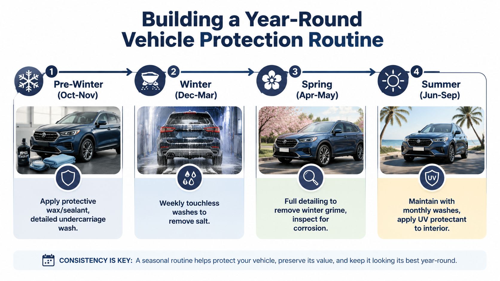 A seasonal infographic illustrating a year-round car care routine to protect vehicles from winter and summer conditions.